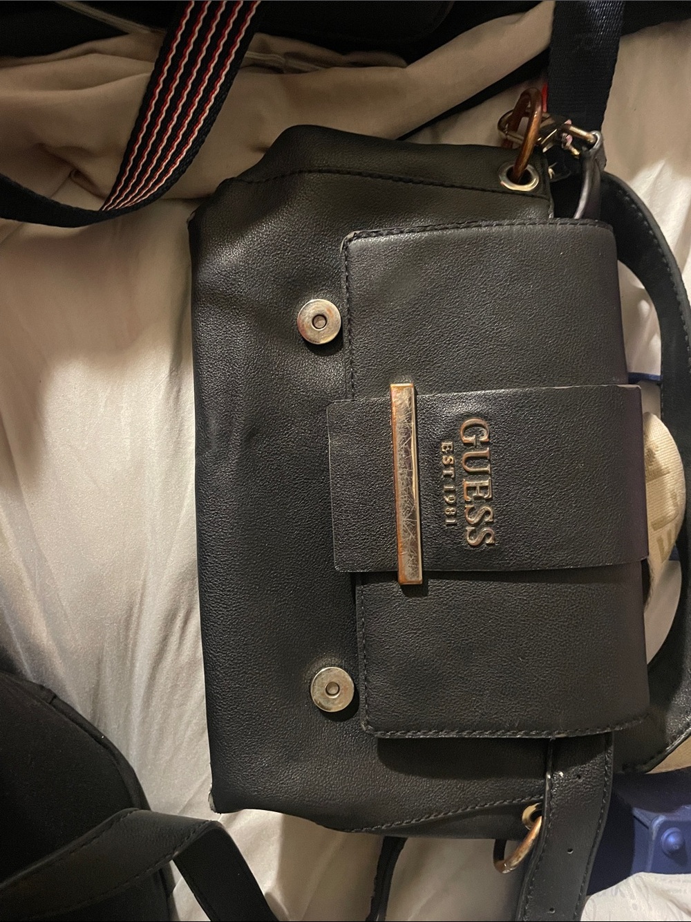 GUESS Black Leather Messenger Bag with Gold Hardware